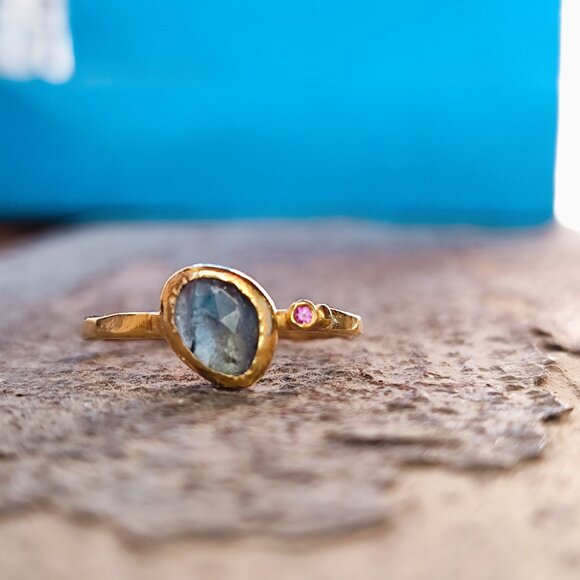 Moissanite ring. 14K yellow gold ring with Blue Moissanite & small Ruby. UNIQUE - Picture 3 of 14